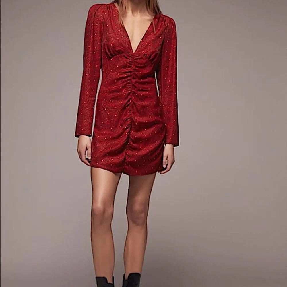 ZARA Red Black Print Side Ruched V-neck Long Sleeve Mini Dress - Picture 8 of 8